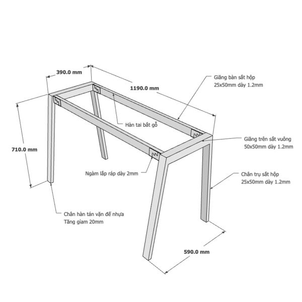 Kích thước chân bàn sắt lắp ráp