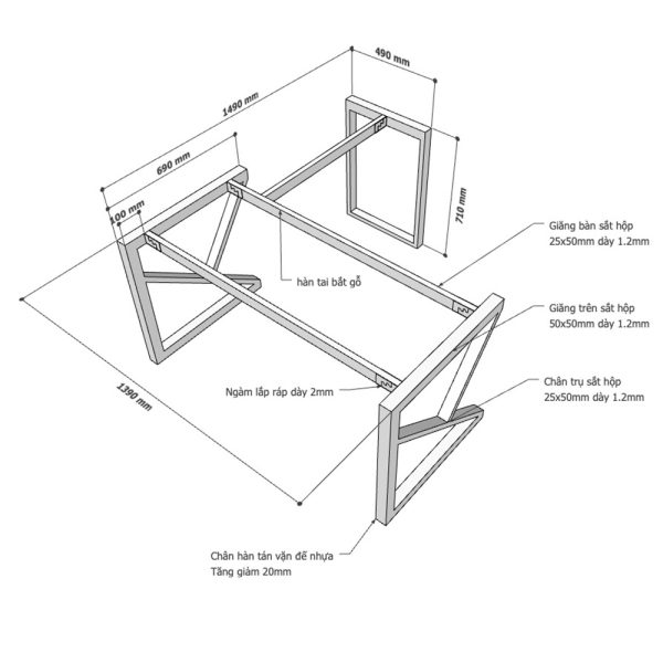 Kích thước Chân bàn sắt lắp ráp
