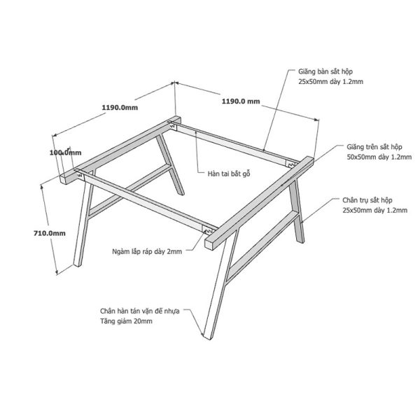 Kích thước chân bàn sắt lắp ráp