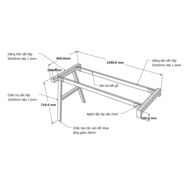 Kích thước Chân bàn sắt lắp ráp