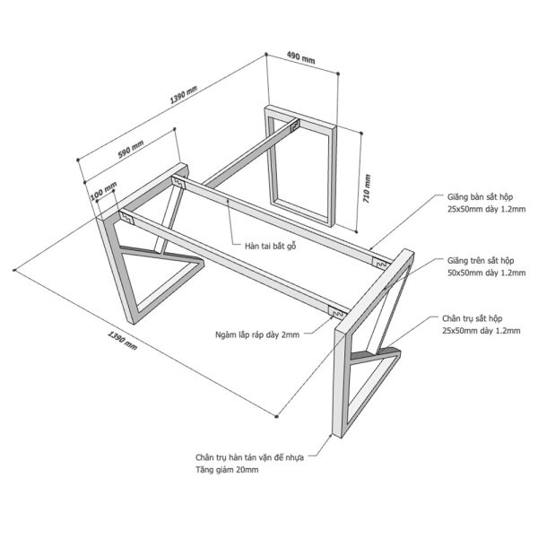 Kích thước Chân bàn sắt lắp ráp