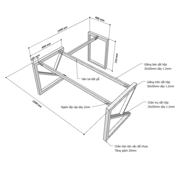 Kích thước Chân bàn sắt lắp ráp