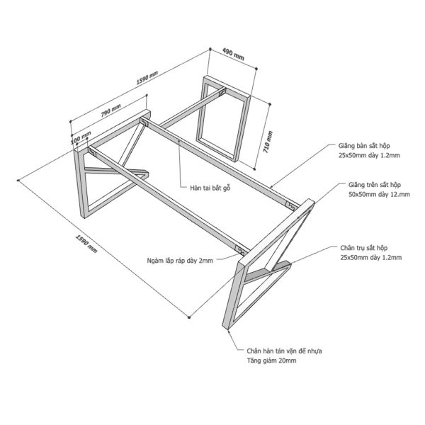 Kích thước Chân bàn sắt lắp ráp