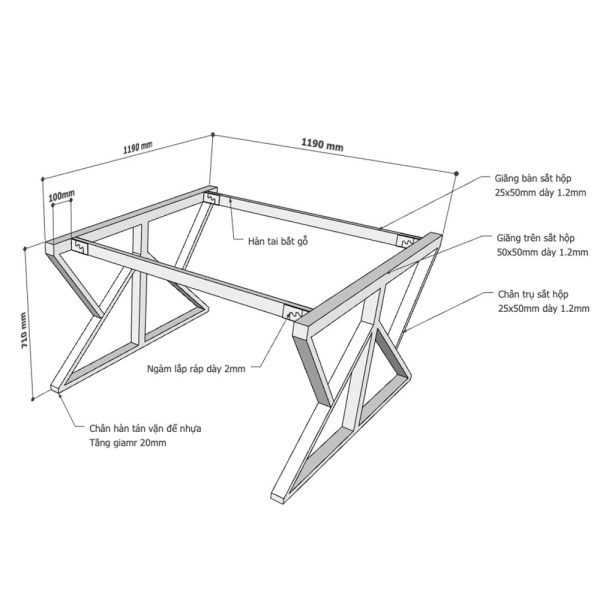 Kích thước Chân bàn sắt lắp ráp