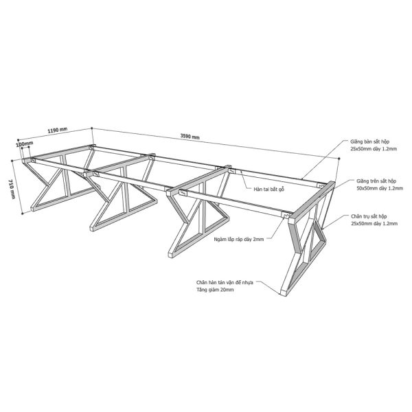 Kích thước Chân bàn sắt lắp ráp
