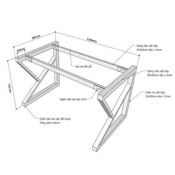 Kích thước chân bàn sắt lắp ráp