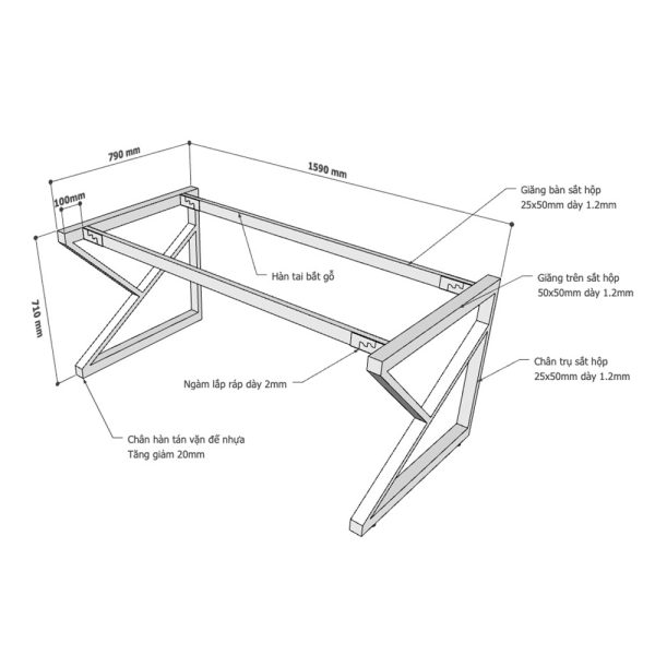 Kích thước chân bàn sắt lắp ráp