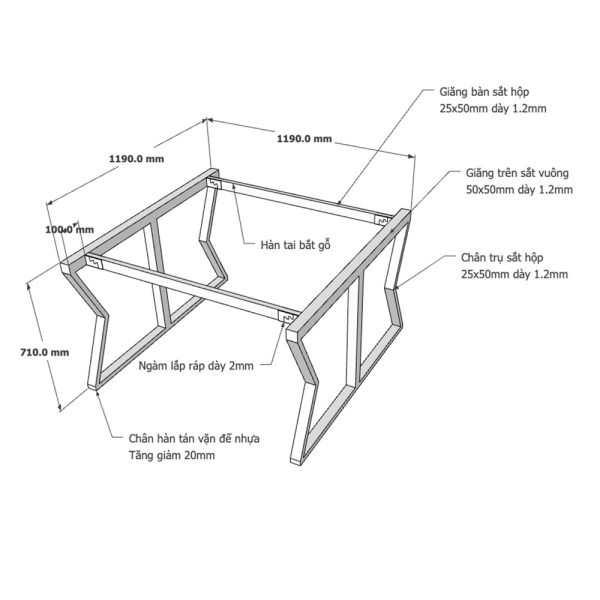 Kích thước Chân bàn sắt lắp ráp