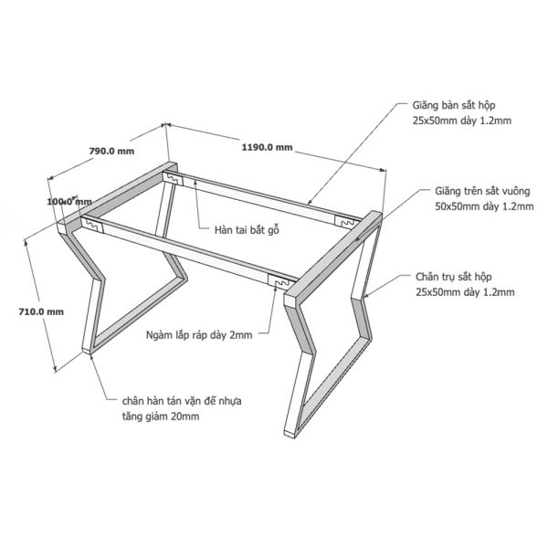 Kích thước Chân bàn sắt lắp ráp