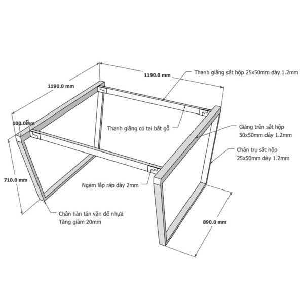 Kích thước chân bàn sắt lắp ráp