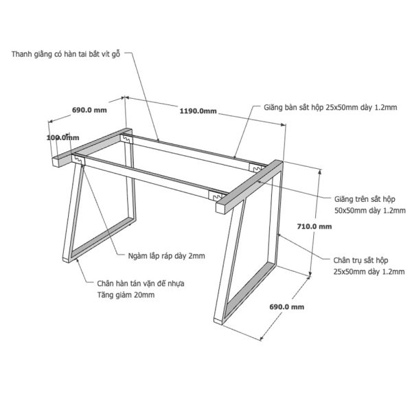 Kích thước chân bàn sắt lắp ráp