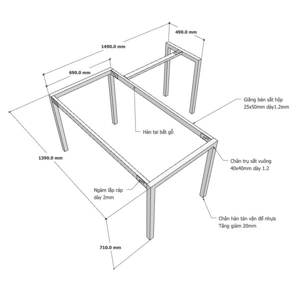 kích thứoc chân sắt bàn chữ l