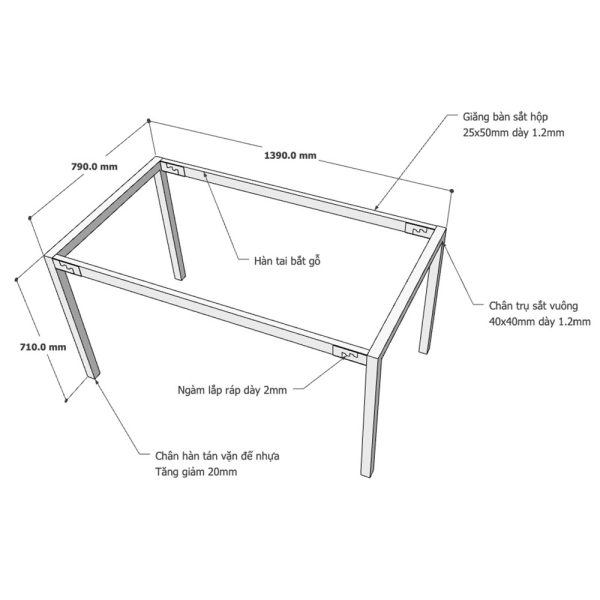 Kích thước Chân bàn sắt lắp ráp