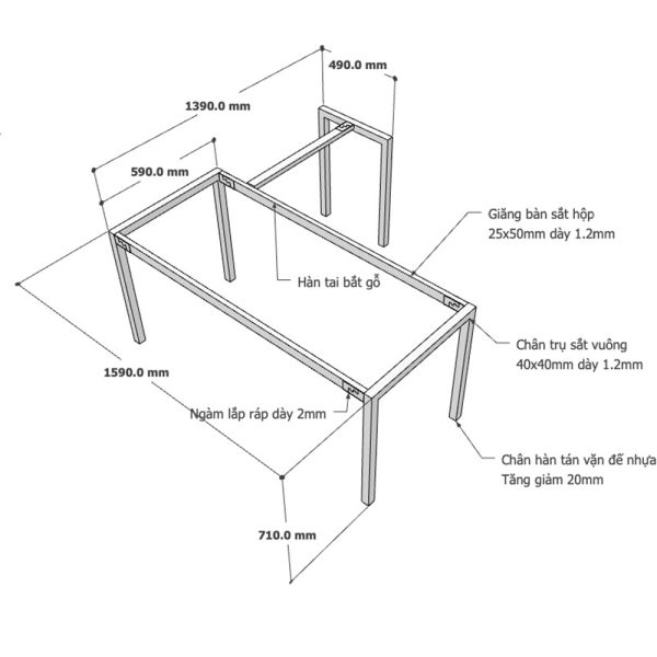 Kích thước Chân bàn sắt lắp ráp