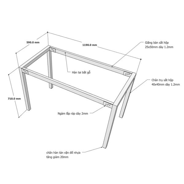 Kích thước chân bàn sắt lắp ráp