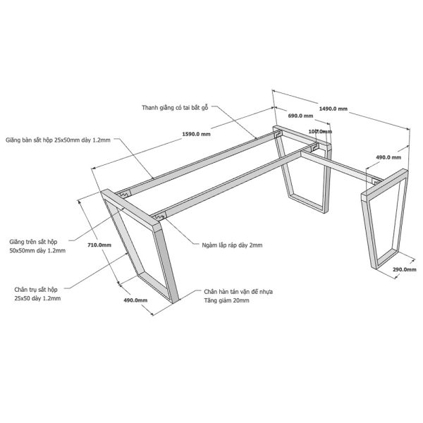 Kích thước chân bàn sắt lắp ráp
