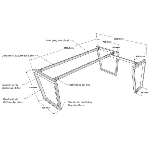 Kích thước chân bàn sắt lắp ráp