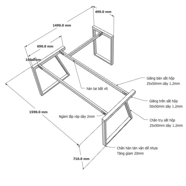 Kích thước Chân bàn sắt lắp ráp