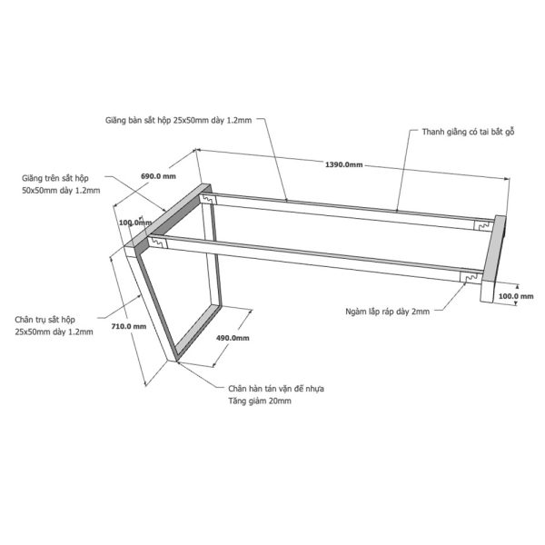 Kích thước Chân bàn sắt lắp ráp