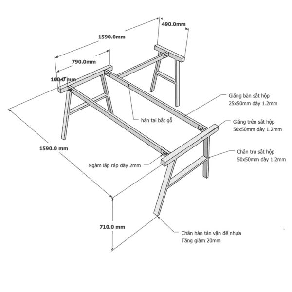 Kích thước chân bàn sắt lắp ráp