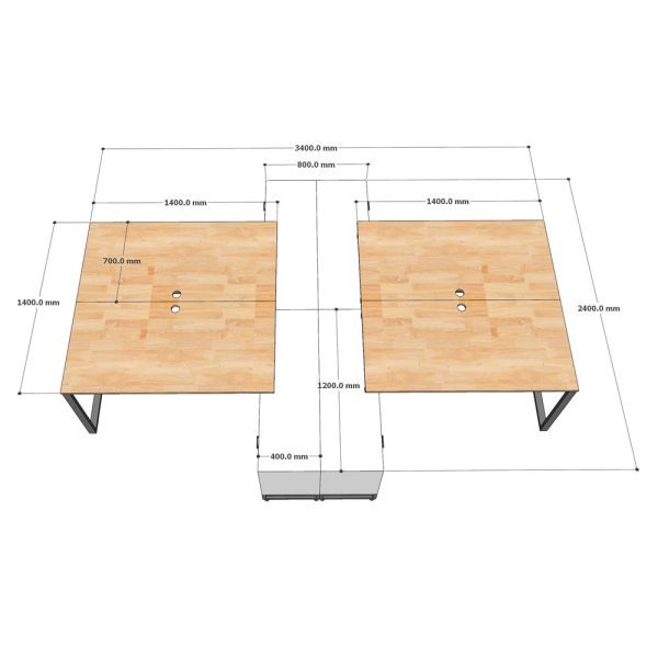 Cụm 4 bàn làm việc gác tủ 340x240cm gỗ cao su chân sắt HBRT082