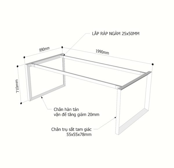 Chân sắt tam giác cho bàn họp 200x100cm hệ Trian II HCTG023