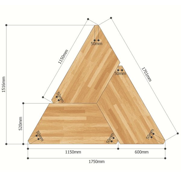 kích thước bàn cụm 3 gỗ cao su chân sắt lắp ráp