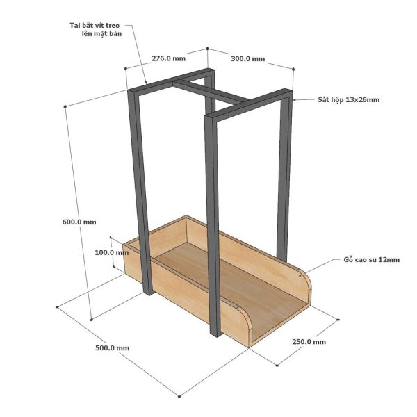 Kệ treo thùng CPU khung sắt gỗ caop su KCPU68016