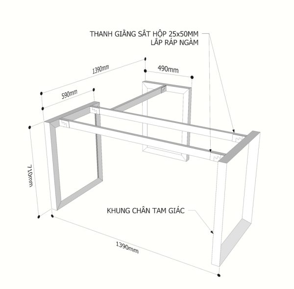 Kích thước chân sắt tam giác cho bàn chữ l