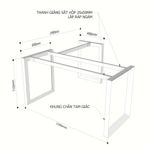 Kích thước chân sắt tam giác cho bàn chữ L 140x150cm