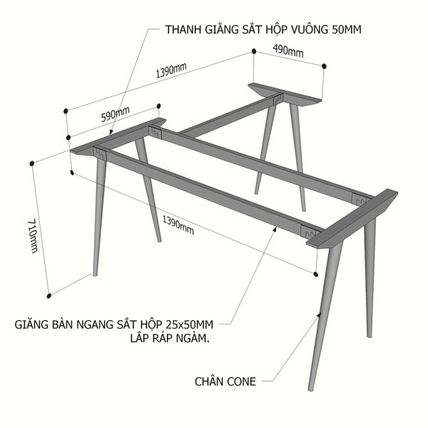 Kích thuớc chân sắt cho bàn chữ L