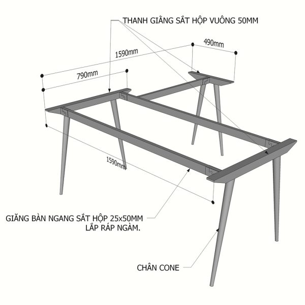 Kích thuớc chân sắt cho bàn chữ L