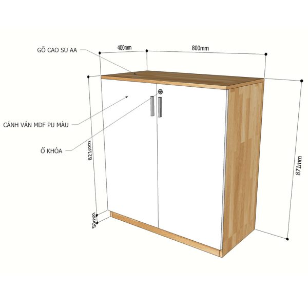 Kệ hồ sơ 2 tầng cửa kéo gỗ cao su 80x40x87cm THS68023