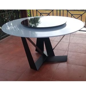 Bàn ăn xoay mặt đá trắng chân sắt sơn tĩnh điện BA68036