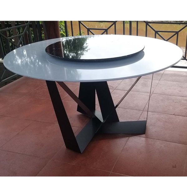 Bàn ăn xoay mặt đá trắng chân sắt sơn tĩnh điện BA68036