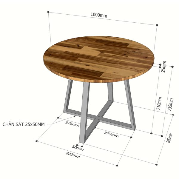 Bàn ăn tròn 1m Atlas mặt gỗ tràm chân sắt sơn tĩnh điện BA68046