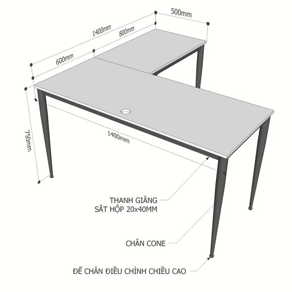 Bàn chữ L 140x140cm gỗ Plywood phủ melamin chân hệ Cone II HBCN016