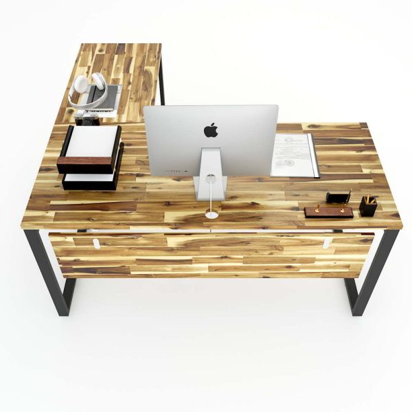 Bàn chữ L gỗ tràm 160x140cm chân sắt lắp ráp hệ Wooden HBWD016