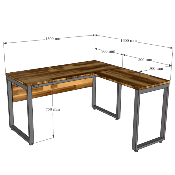 Kích thước Bàn chữ L gỗ tràm 160x140cm chân sắt lắp ráp hệ Wooden HBWD016