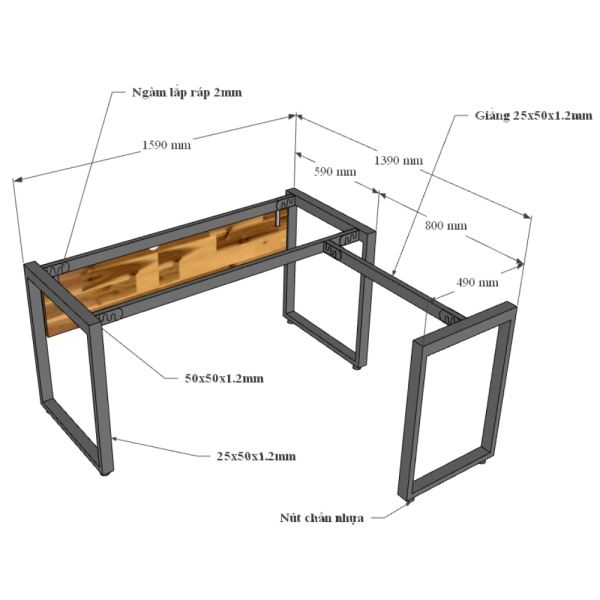 Bàn chữ L gỗ tràm 160x140cm chân sắt lắp ráp hệ Wooden HBWD016