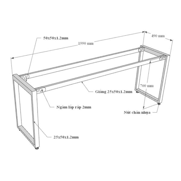 Bàn cụm 2 người 200x60cm gỗ tràm chân sắt hệ Rectang HBWD043