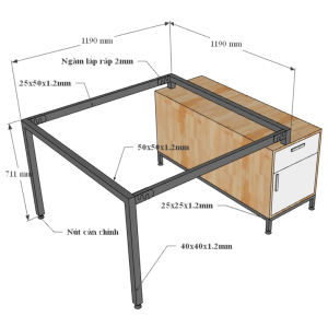 Bàn cụm 2 120x120cm chân tủ gỗ cao su chân sắt lắp ráp HBUC031