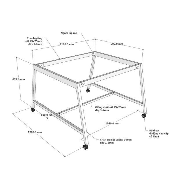 Chân sắt di động cho bàn cụm 2 người 120x20cm sơn tĩnh điện CFOS006