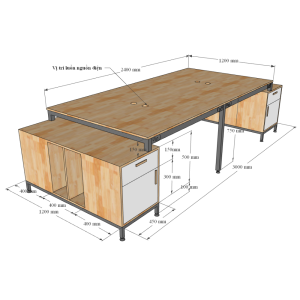 Bàn cụm 4 chân tủ 120x300cm gỗ cao su hệ Uconcept chân lắp ráp HBUC032