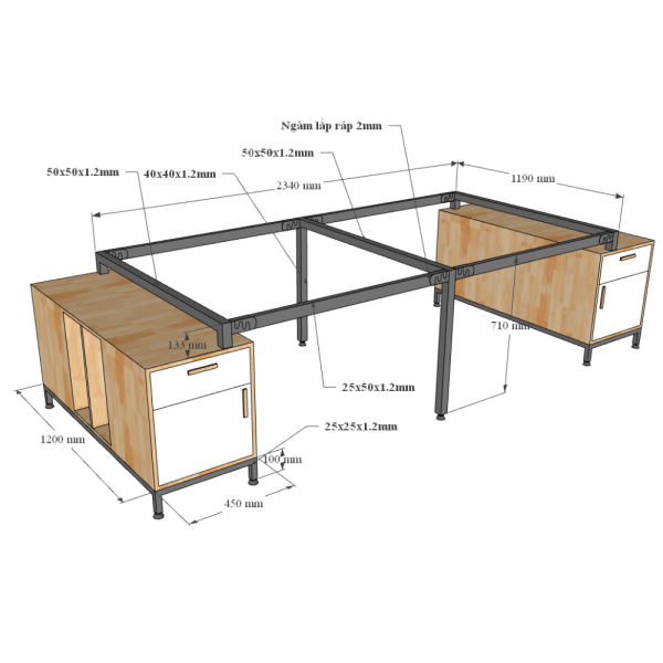 Bàn cụm 4 chân tủ 120x300cm gỗ cao su hệ Uconcept chân lắp ráp HBUC032