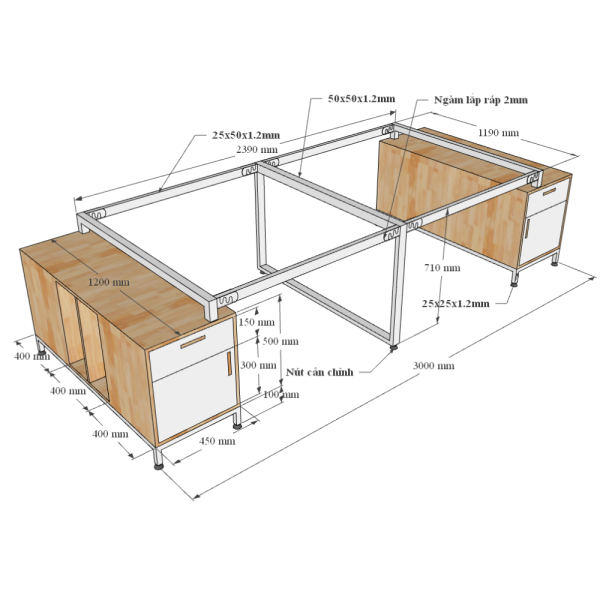 Bàn cụm 4 chân tủ 120x300cm gỗ cao su hệ RECTANG chân lắp ráp HBRT033