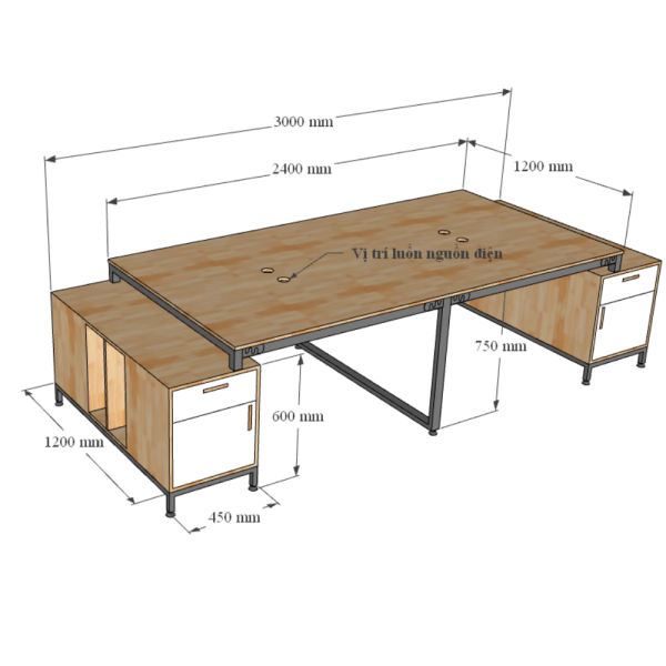 Bàn cụm 4 chân tủ 120x300cm gỗ cao su hệ RECTANG chân lắp ráp HBRT033