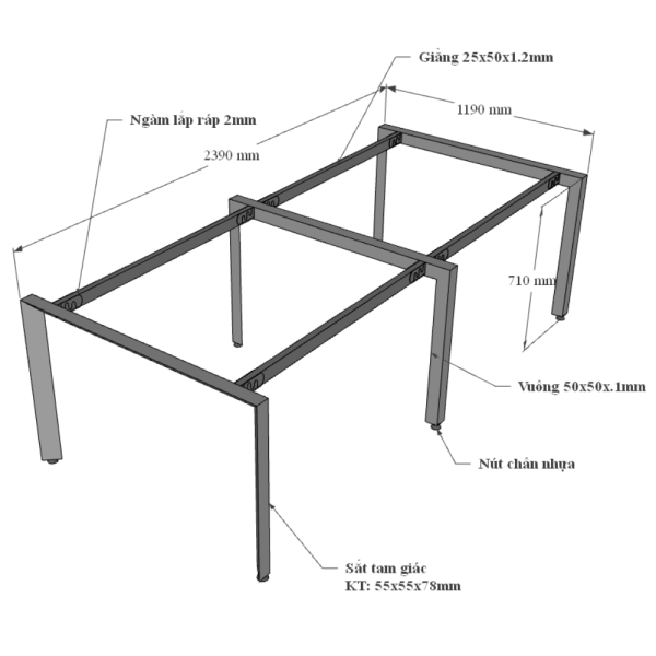 Bàn cụm 4 chỗ ngồi 120x240cm hệ Trian chân sắt tam giác