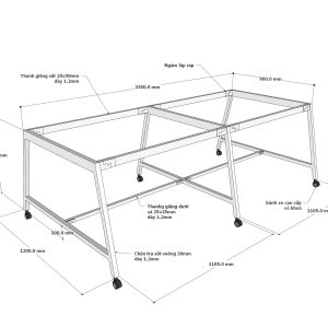 Bàn cụm 4 di động 240x120cm gỗ plywood chân sắt hệ bàn FOS FOS007