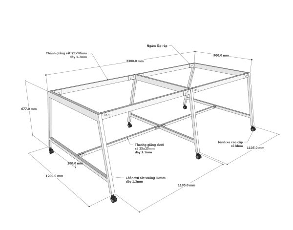 Bàn cụm 4 di động 240x120cm gỗ plywood chân sắt hệ bàn FOS FOS007